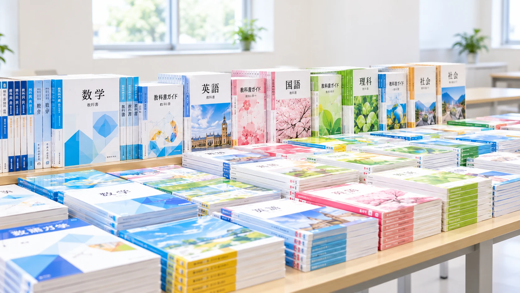 教科書や学習教材が並ぶ売り場のイメージ